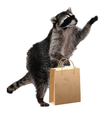 A raccoon holding a shopping bag.