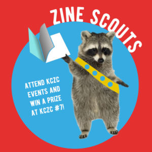 A raccoon wearing a sash with badges, like a Boy or Girl Scout. The racoon holds up a zine.