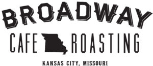 black font reading "Broadway Cafe Roasting Kansas City, Missouri" with a silhouette of the state of Missouri between the words "cafe" and "roasting" that links to their website
