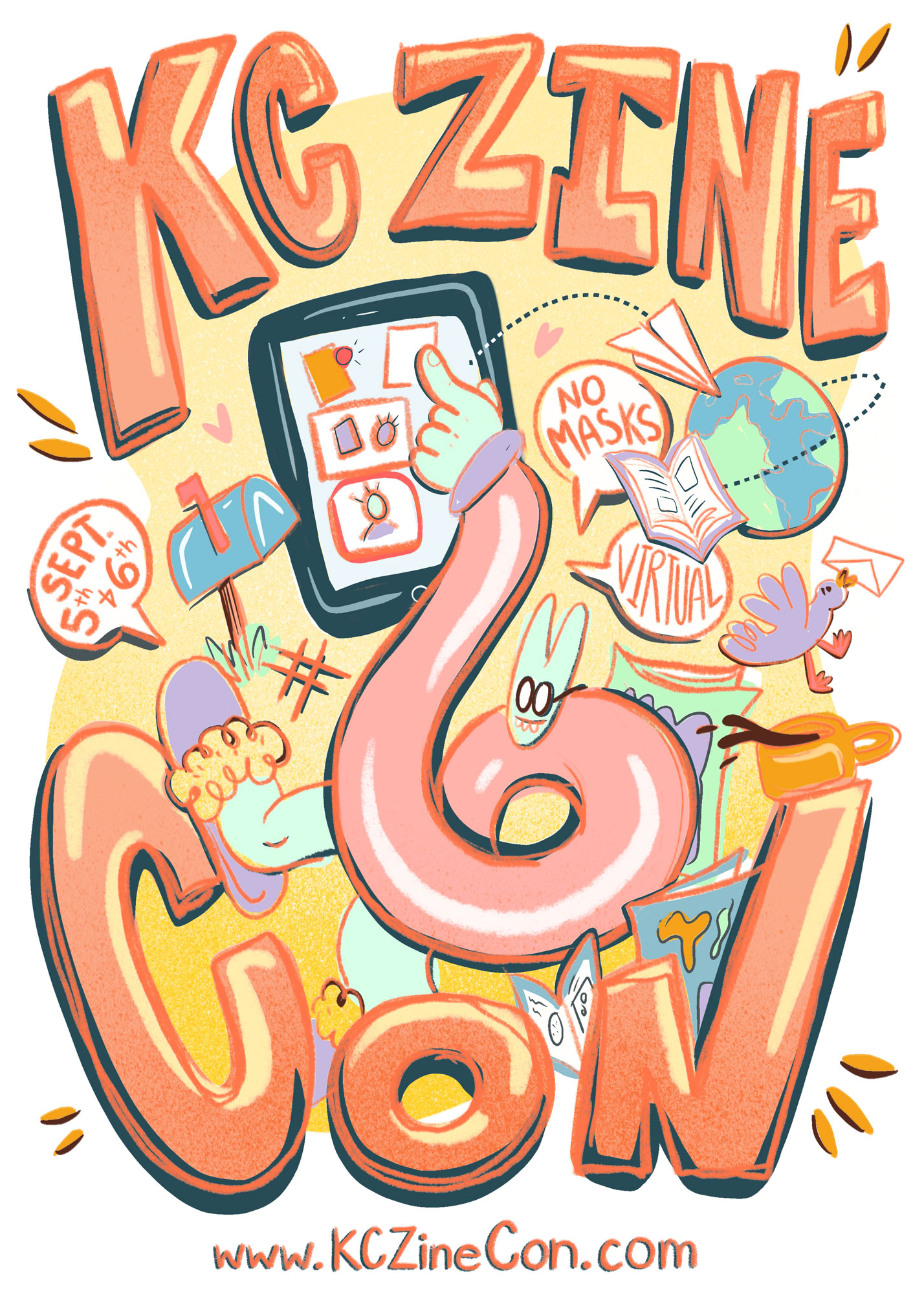 The poster for the KC Zine Con #6 event - a mint green rabbit with a body shaped like the number 6 touches the screen of a giant smartphone. The rabbit wears and pink sweater and black glasses. They are surrounded by objects: a mailbox, hashtag, globe, a bird with a letter in its mouth, zines, a coffee mug, and a paper airplane.
